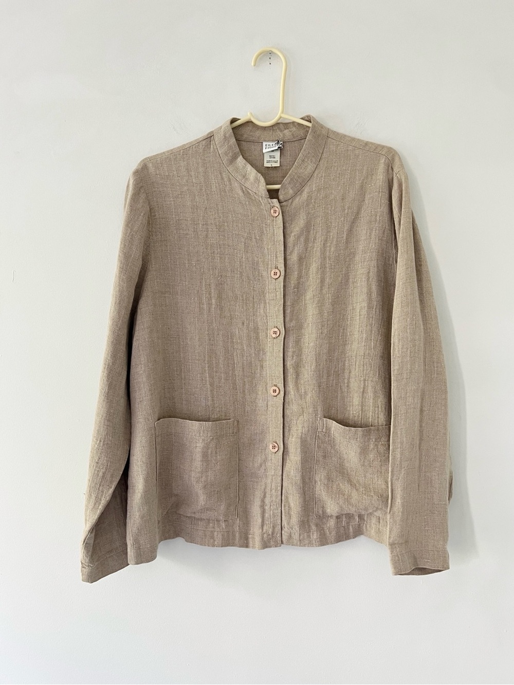 Eileen Fisher textured linen mandarin collar shirt jacket natural beige small